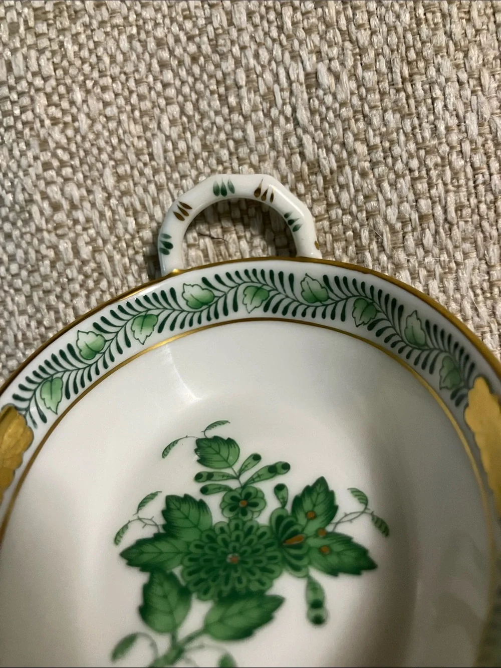 HEREND Hvngary Green Floral Porcelain small trinket tray with Handles